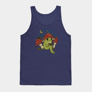 Cute Frog in Mushroom Hat Reading a Book, Goblincore Toad Toadstool Under Starry Cottagecore Sky Tank Top